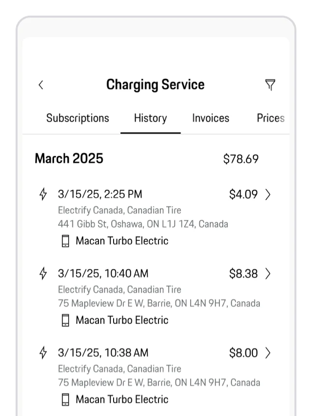 An overview of Porsche Charging History in the My Porsche app