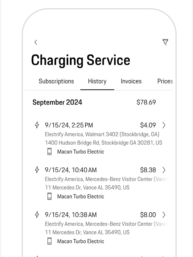 An overview of Porsche Charging History in the My Porsche app