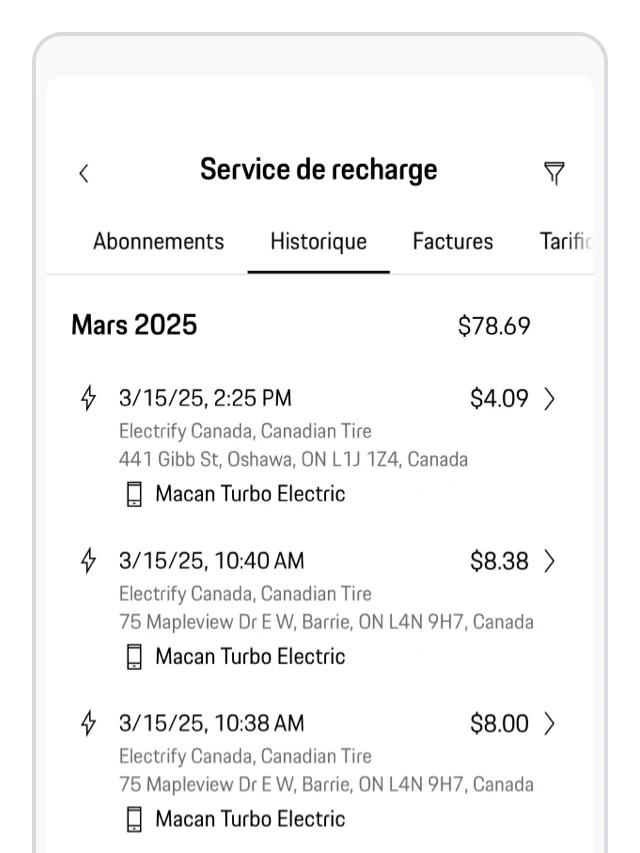 Aperçu de l'historique de recharge Porsche dans l'application My Porsche