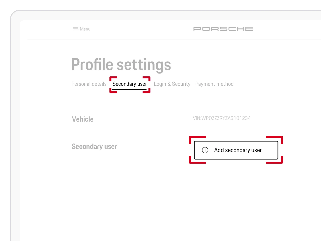  Afbeelding van het secundaire gebruikersgedeelte in My Porsche 