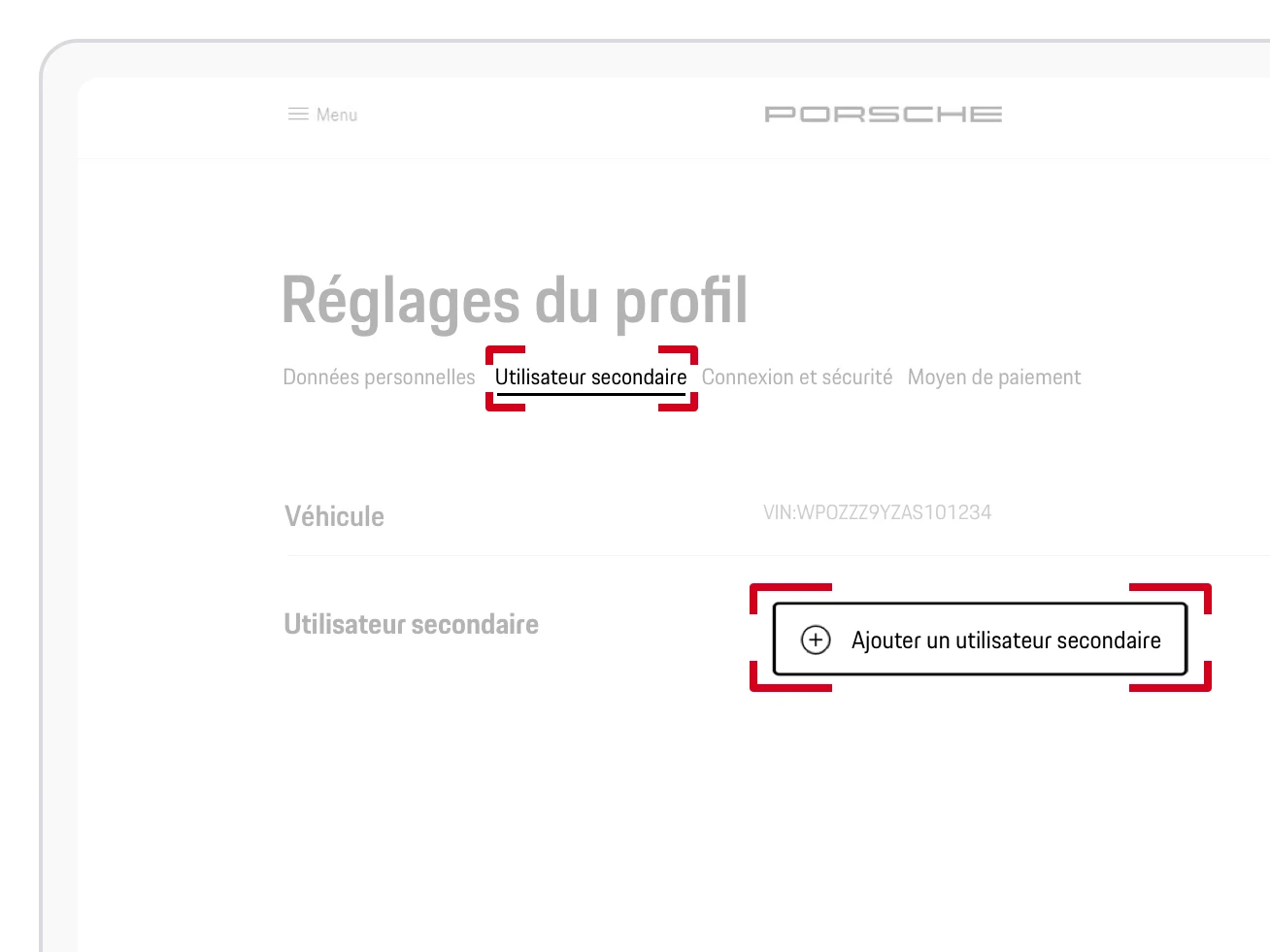  Image montrant la section utilisateur secondaire dans My Porsche 