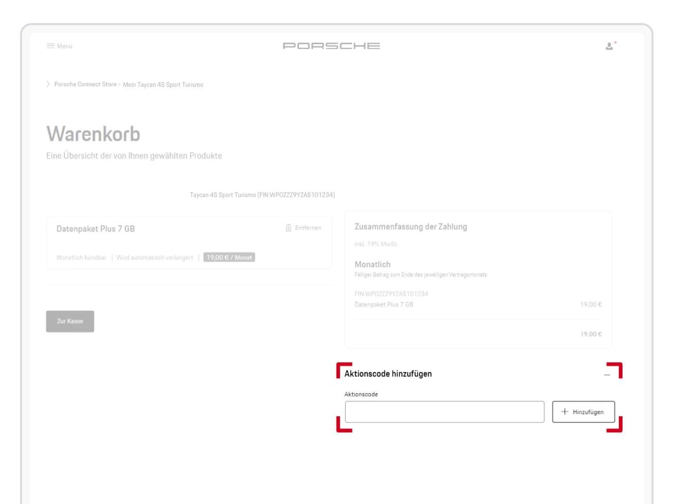 Wykorzystanie kodu promocyjnego Porsche Connect w koszyku zakupów